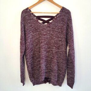 SO Purpleish Wine Color Knit Sweater with Lace Up Detail on Back Size Large